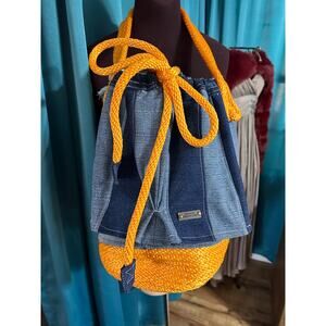 Cord and upcycled denim skirted bucket bag